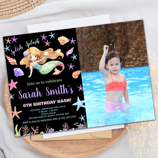 Convite Foto 6 púrpura debaixo do mar Sereia Aniversário (Photo 6th Purple Under the sea Mermaid Birthday Invitation)