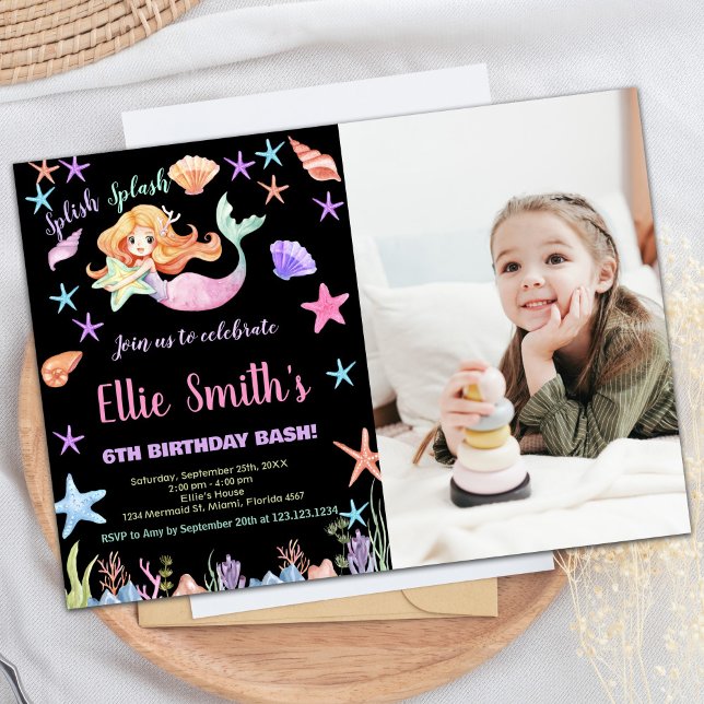 Convite Foto 6 rosa sob o mar Sereia Aniversário (Photo 6th Pink Under the sea Mermaid Birthday Invitation)