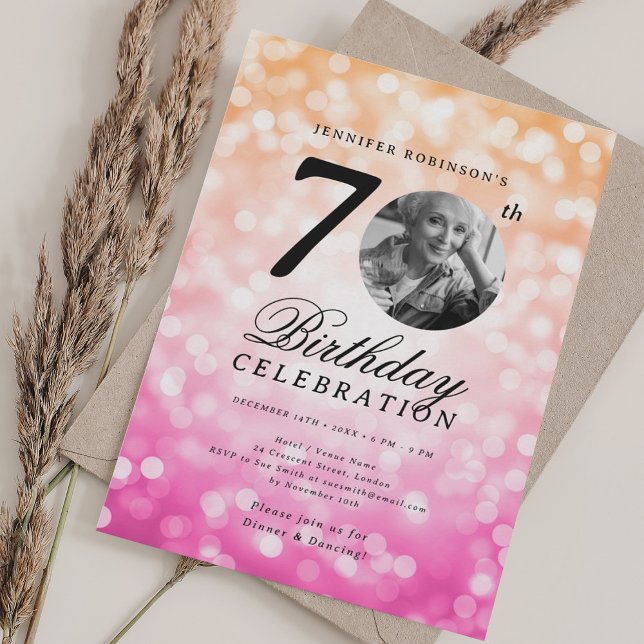 Convite Foto 70 Birthday Orange Pink Bokeh (Photo 70th Birthday Orange Pink Ombre Bokeh Invitation)