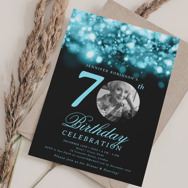 Convite Foto 70 Birthday Turquoise Midnight Glam (Photo 70th Birthday Turquoise Midnight Glam Invitation)