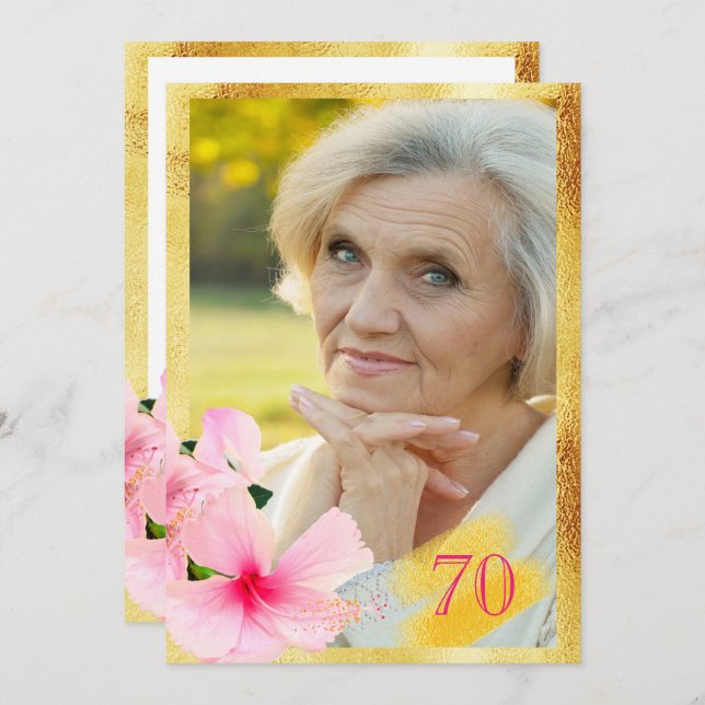 Convite Foto 70 festa de aniversário branco floral tropica (Frente/Verso)