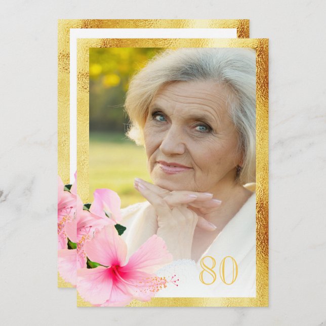 Convite Foto 80 festa de aniversário branco floral tropica (Frente/Verso)