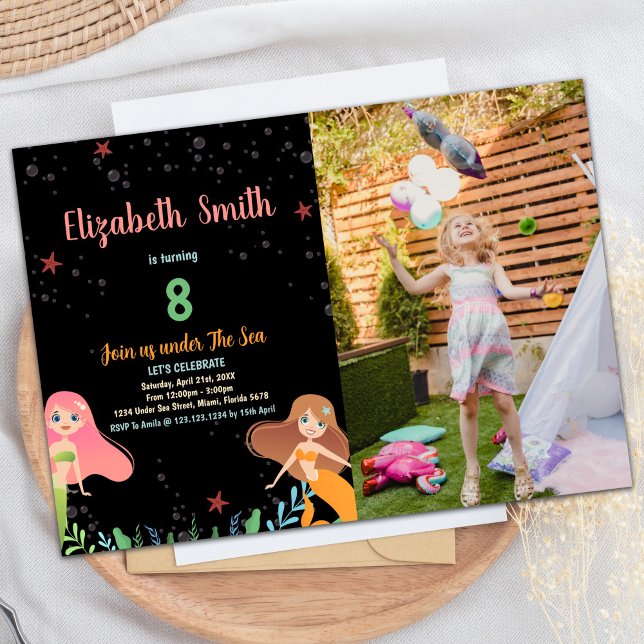 Convite Foto 8th Black Mermaid Birthday Invtions (Photo 8th Black Mermaid Birthday Invitations)