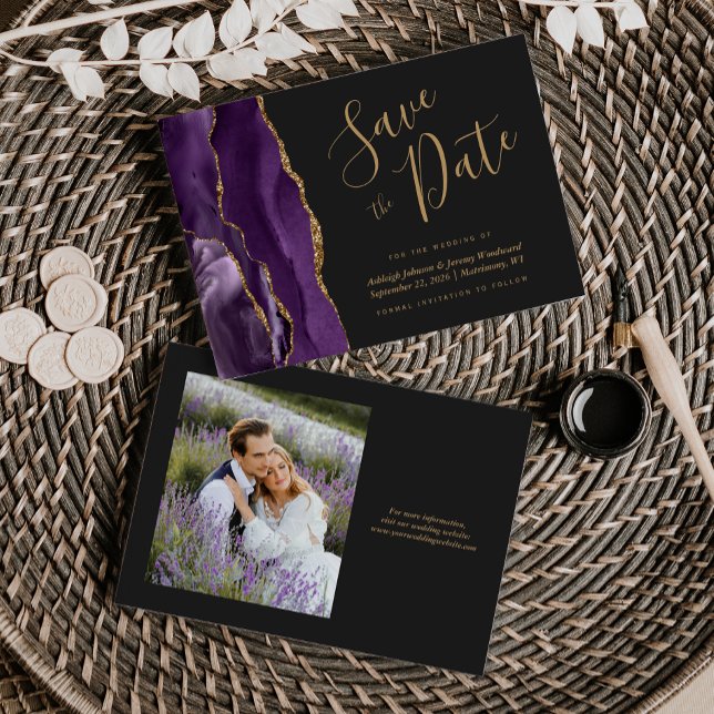 Convite Foto Ágata Dourada Roxa Casamento Save the Date Es (Criador carregado)