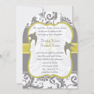 Convite Foto Amarelo & Cinza Vintage Pássaro Damask Casame