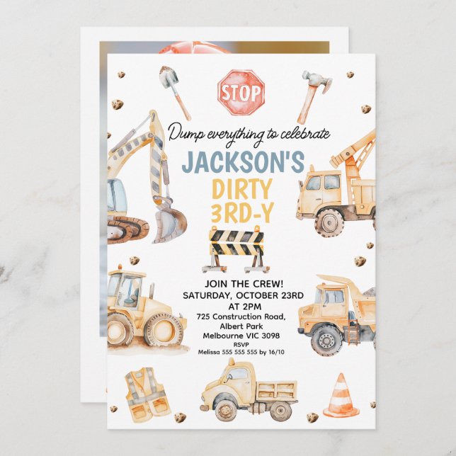 Convite Foto Amarelo-Fácil Construção Suja 3rdy Aniversári (Frente/Verso)