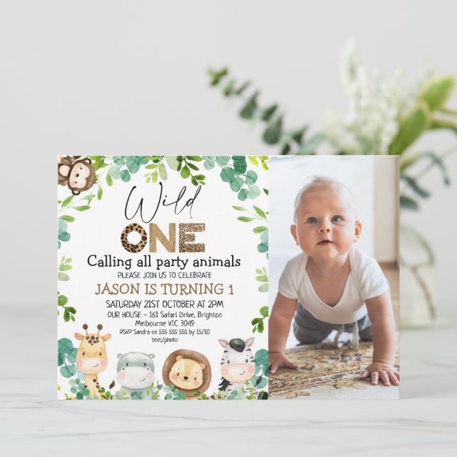Convite Foto: Animais Verdes Safari Selvagem Um primeiro a (Em pé/Frente)