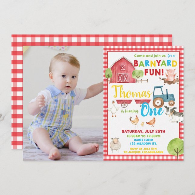 Convite Foto animal de Fazenda em primeiro aniversario de  (Frente/Verso)