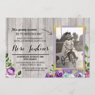 Convite Foto: Aniversário da Floral Rustic Wood Purple Inv