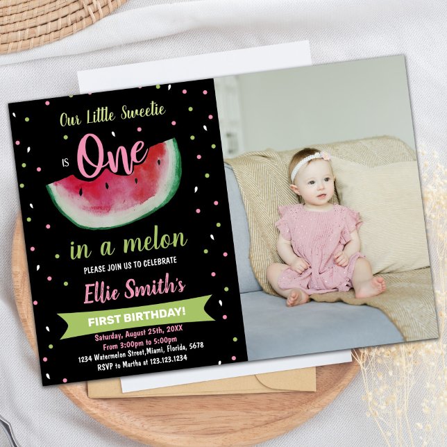 Convite Foto: Aniversário da Melancia Verde Negra rua (Photo 1st Black Green Watermelon Birthday Invitation)
