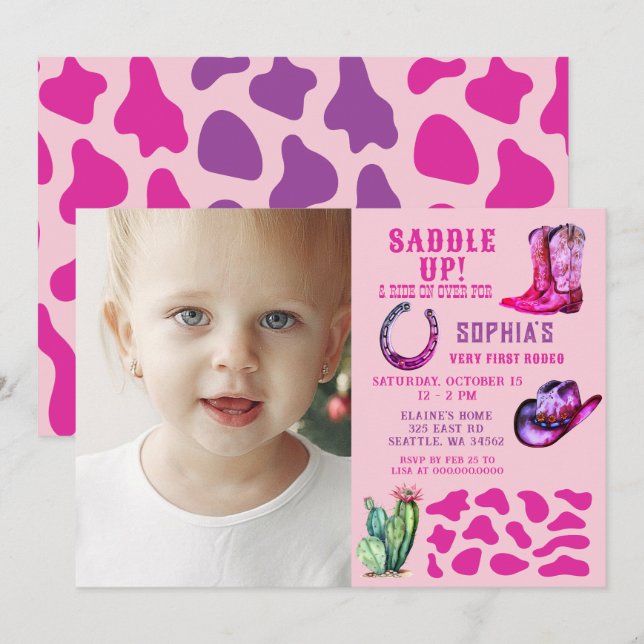 Convite Foto: Aniversário da Moça Ocidental Rosa Rodeo Rap (Frente/Verso)