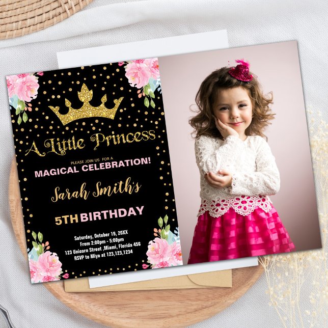 Convite Foto: Aniversário da Princesa Princesa Negra (Photo Black Glitter Crown Princess Birthday Invitation)