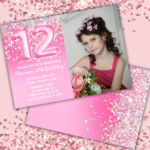 Convite Foto Aniversário de 12 anos Brilho Rosa