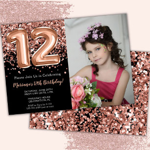 Convite Foto Aniversário de 12 anos Preto Rosa Dourado Bri