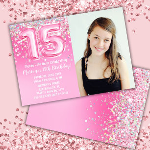 Convite Foto Aniversário de 15 anos Brilho Rosa