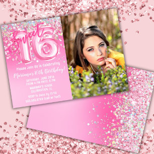 Convite Foto Aniversário de 16 anos com Brilho Rosa Doce
