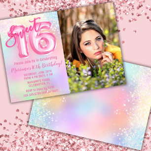 Convite Foto Aniversário de 16 anos Rosa Arco-íris Doce