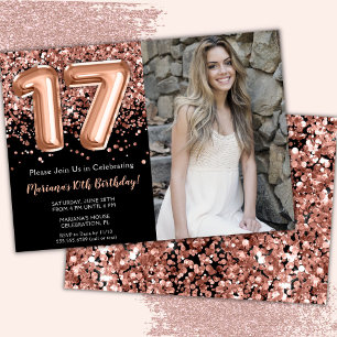 Convite Foto Aniversário de 17 anos Rosa Preta Brilho Dour
