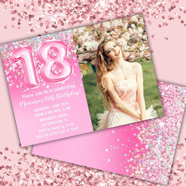Convite Foto Aniversário de 18 anos Brilho Rosa (Criador carregado)