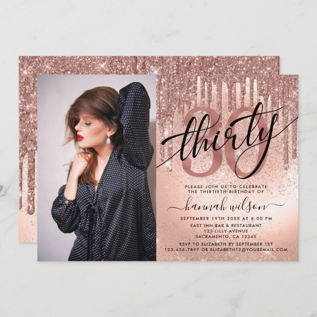 Convite Foto aniversário de 30 anos Rosa Gold Foil & Glitt (Frente/Verso)