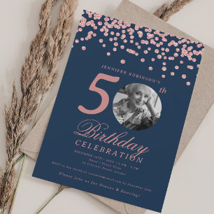 Convite Foto Aniversário de 50 anos Confete Dourado Rosa A