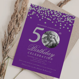 Convite Foto Aniversário de 50 anos Confete Prata Roxo