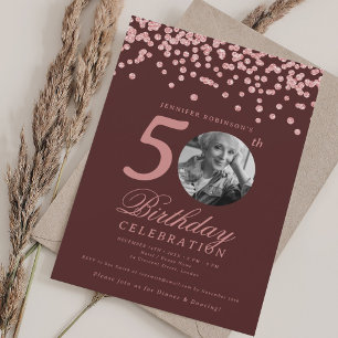 Convite Foto Aniversário de 50 anos Rosa Dourado Confete B