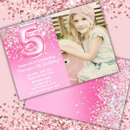 Convite Foto Aniversário de 5 anos Brilho Rosa