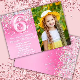 Convite Foto Aniversário de 6 anos Brilho Rosa