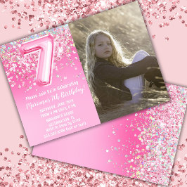 Convite Foto Aniversário de 7 anos Brilho Rosa
