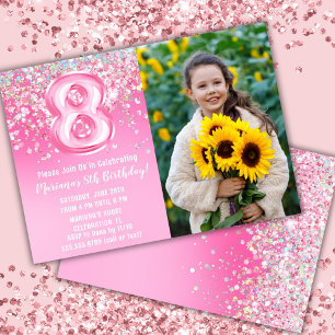 Convite Foto Aniversário de 8 anos com Brilho Rosa