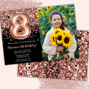 Convite Foto Aniversário de 8 anos Preto Rosa Dourado Bril