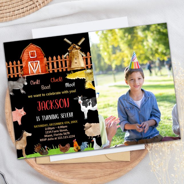 Convite Foto: Aniversário de Animais da Fazenda Vermelha N (Photo Red Black Red Farm Animals Birthday Invitation)