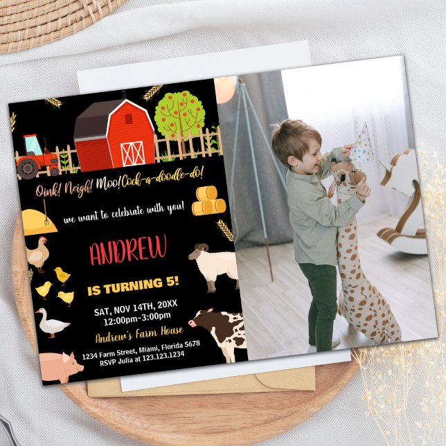 Convite Foto: Aniversário de Animais Verdes Pretos (Photo Black Red Green Farm Animals Birthday Invitation)