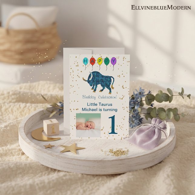 Convite Foto & Aniversário de Touro com Balões e Dourado (Taurus 5” x 7” Photo Invite. Visit Taurus Zodiac Birthday Party Collection for more items.)