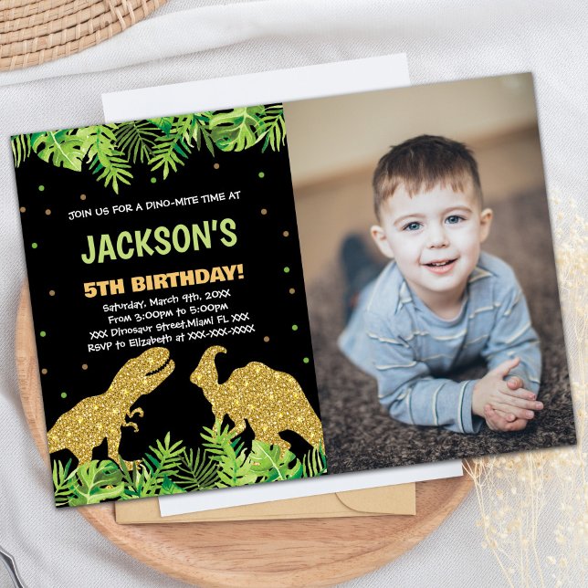 Convite Foto: Aniversário do Dinossauro Preto Verde (Photo Green Black Glitter Dinosaur Birthday Invitation)