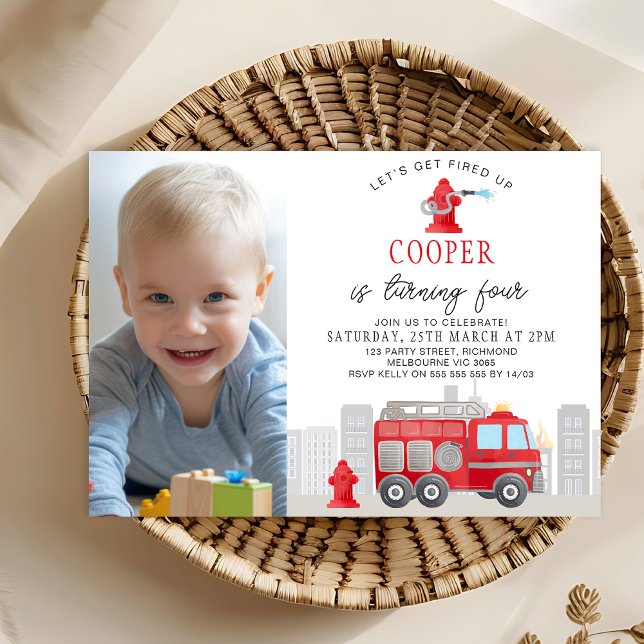 Convite Foto: Aniversário do Motor de Fogo Vermelho (Lets Get Fired Up Firefighter Birthday Invitation Template, Fire Engine Birthday Invitation Hydrant)