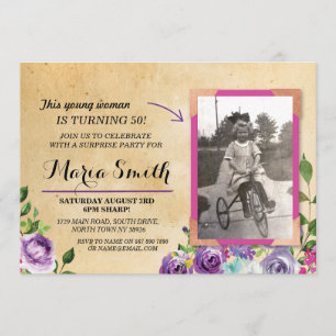 Convite Foto Aniversário Floral Rustic Vintage Purple Invi