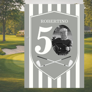 Convite Foto Antiga de Golfista Cinza Branco Aniversário d