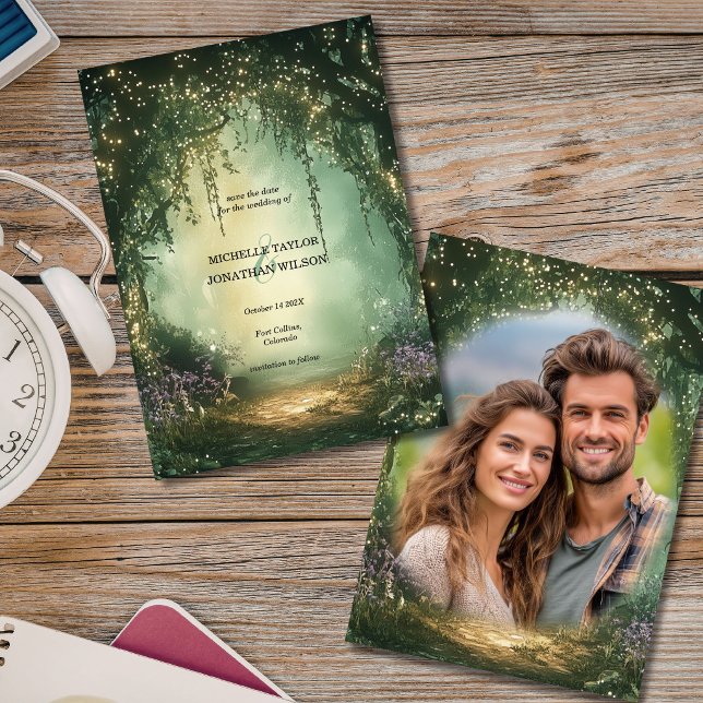 Convite Foto Antiga Floresta Encantada Salvar a Data (Vintage Photo Enchanted Forest Save the Date Invitation)