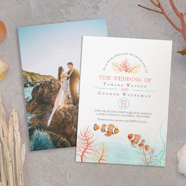 Convite Foto aquática do palhaço de coral de casamento (Criador carregado)