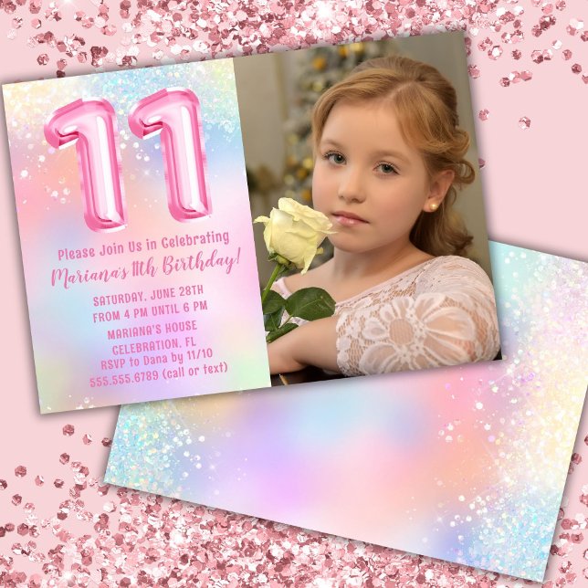 Convite Foto Arco-íris Rosa Aniversário de 11 anos (Criador carregado)