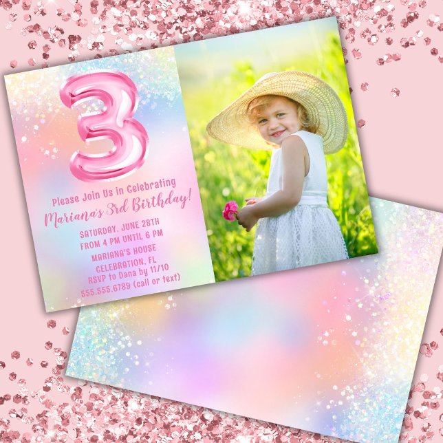 Convite Foto Arco-íris Rosa Aniversário de 3 anos (Criador carregado)