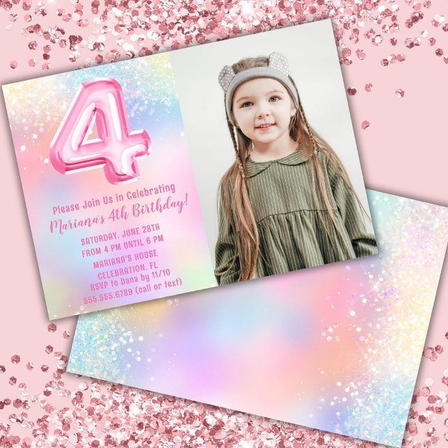 Convite Foto Arco-íris Rosa Aniversário de 4 anos (Criador carregado)