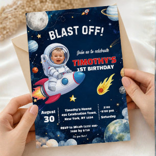 Convite Foto Astronauta Espaço Exterior Foguete Aniversári