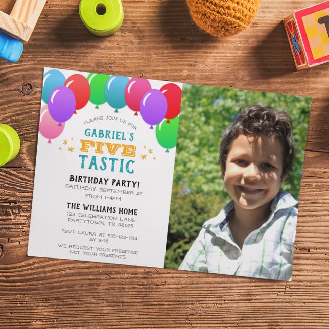 Convite Foto Azul Balão Azul de Aniversário de CINCOtastic (Criador carregado)