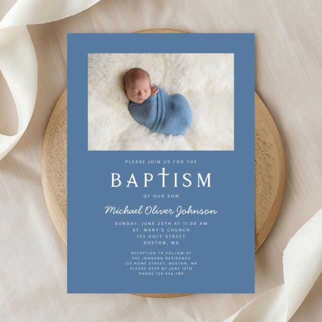 Convite Foto Azul, Cristo Religioso (Blue Photo Religious Cross Boy Baptism Invitation)
