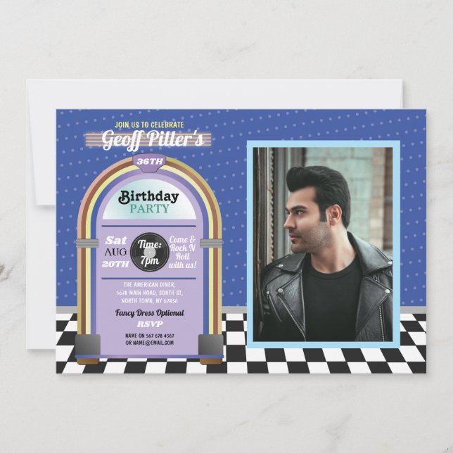 Convite Foto azul da música dos anos 50 do comensal do (Frente)