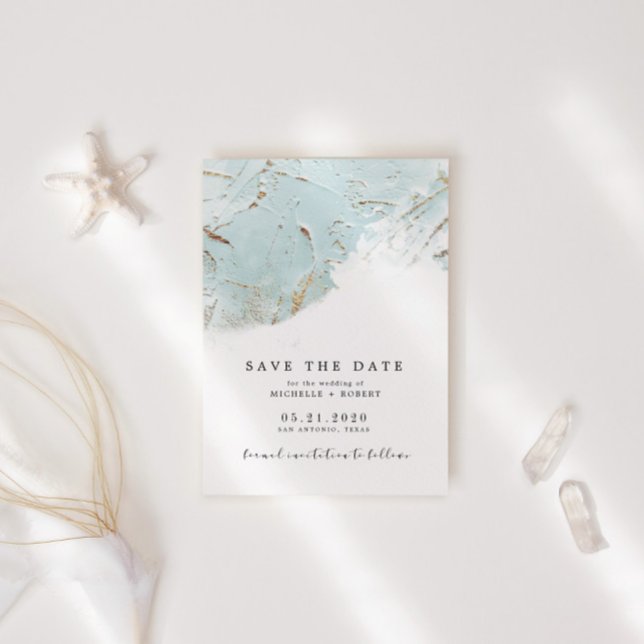 Convite Foto Azul De Folha Azul Texturizada Salvar A Data (Criador carregado)