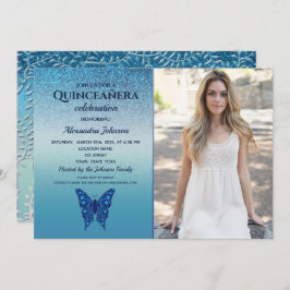 Convite Foto Azul de Quinceanera Aniversário